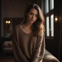 the young woman is sitting on the couch