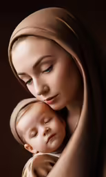 woman holding infant wrapped in tan fabric