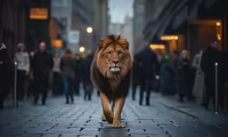 a big lion is walking down the street
