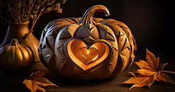 a carved wooden heart and fall leaves