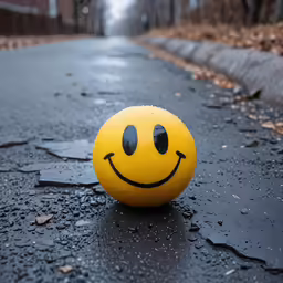 an orange ball laying on the sidewalk next to a wet street