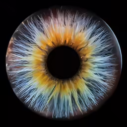 a yellow and black eyeball with multicolored iris