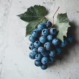 closeup of a blue grapes on a white table