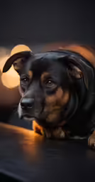 a black dog with brown eyes is looking straight at the camera