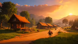a dirt road with a small cabin near by,a couple of people riding horses past a farm