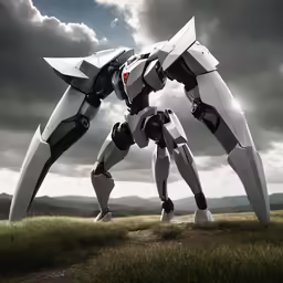 a robot like creature is standing on a grassy field