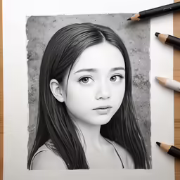 black and white photo of a young girl with long hair