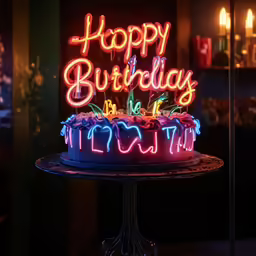 the cake is lit up by the colorful lights