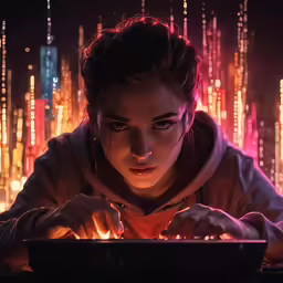a girl using a laptop in front of a city at night