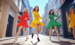 four female in colorful dresses, one jumping in the air