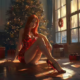 a woman sitting on the floor in front of a christmas tree,a woman in a red dress sits near a christmas tree