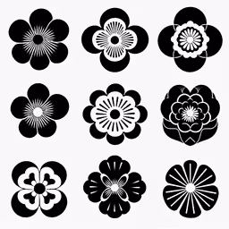 a group of different black and white flowers,a series of black and white flower designs