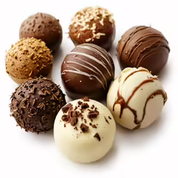 the assortment of different chocolate truffles are lined up