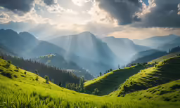sunlight beams beaming through the clouds above the mountains