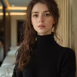 a woman standing in front of a wall with her long brown hair up