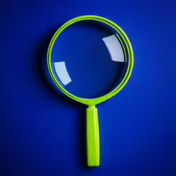 the magnifying glass is on top of a blue table