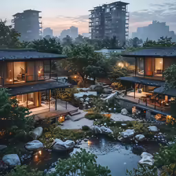 a landscape photo shows japanese style buildings and small garden and stream