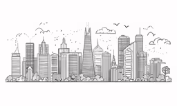 a cityscape with tall buildings is shown in a black and white frame