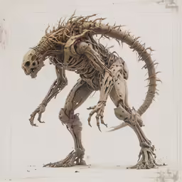 a giant alien lizard costume on display with a skeleton