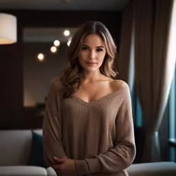 a women is wearing a sweater and is posing for a photo