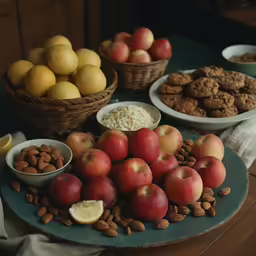 plates of food including apples, nuts, and cookies are set on a wood table