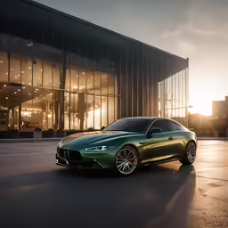 a green sports car is on a driveway