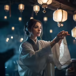 a woman is holding a bag in a room full of lamps