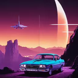 an old blue car is flying past a space shuttle in the mountains,a car is parked near a huge, massive object