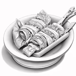 drawing of three wrapped packets in white dish