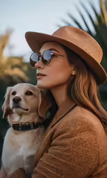 a woman with a tan hat and sunglasses is hugging her dog