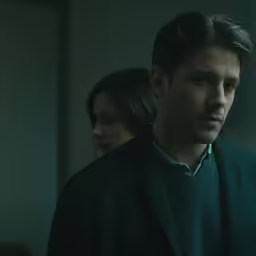 a man and a woman looking away from each other