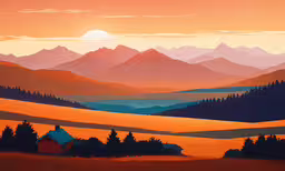 a landscape painting shows a red building near some hills,a painting of some mountains with a house in it