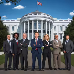 group of professionals in business attire posing for photo outside of building