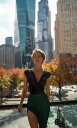 a woman in a green dress stands near a railing