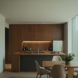 modern dining area and kitchen with chairs around the table