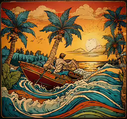 there is a picture of a man in a rowboat that is painted on the wall,a painting of a man in a boat in front of a sunset