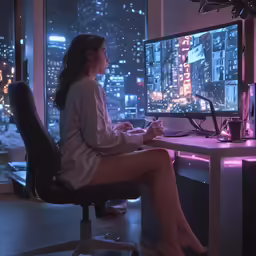 a woman in white dress sitting at a computer