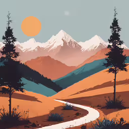 a digital painting of a scenic mountainside road and pine trees,an illustration of mountains with trees and a road