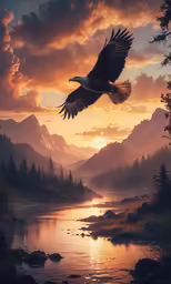 a painting of a bird that is flying over some water