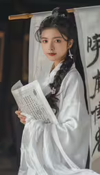 a woman dressed in white holding a sheet of paper,a woman in an oriental - style outfit holding a newspaper