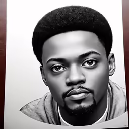 the face and shoulders of a black man, against a plain background