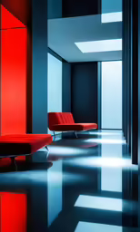 the red bench is beside a black wall