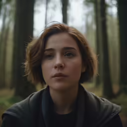 a woman with short red hair and an intense look