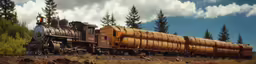 a train riding through a wooded landscape with trees
