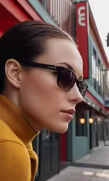 a young woman with sunglasses standing on the street