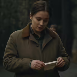 a woman holding a brown piece of paper next to some trees