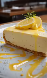a slice of cheesecake topped with lemon sits on a plate