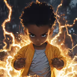 a child standing next to a fire with lightning in the background