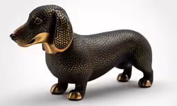 a metal statue of a dog with gold colored markings