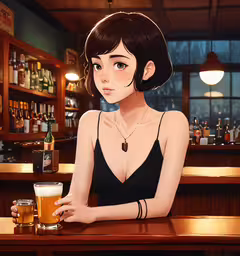 a painting of a woman sitting at a bar with a mug of beer,a cartoon girl with a pint of beer and a glass